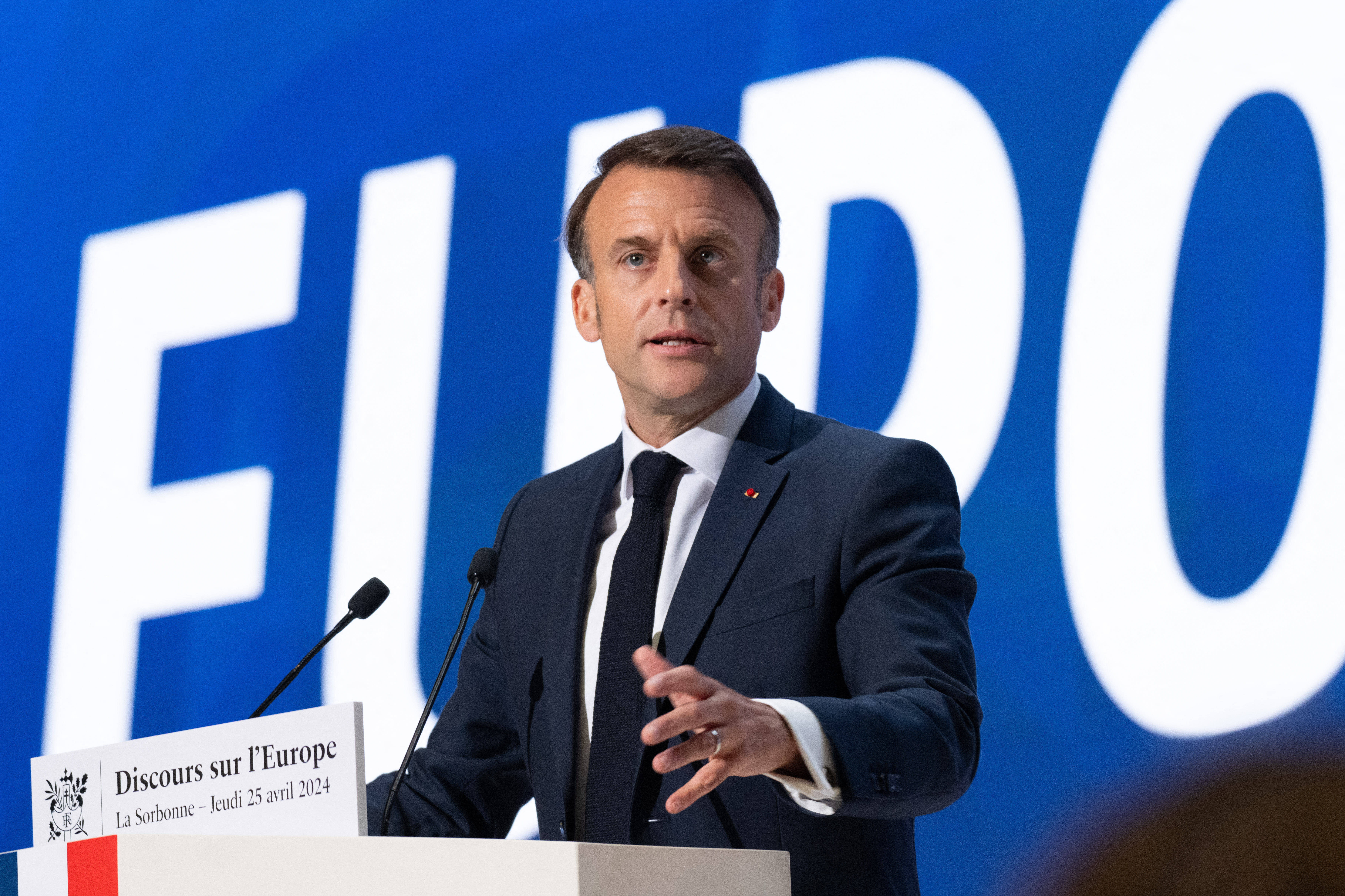 Ein Weckruf an Europa: Frankreichs Präsident Emmanuel Macron spricht am 25. April 2024 in der Pariser Universität Sorbonne.