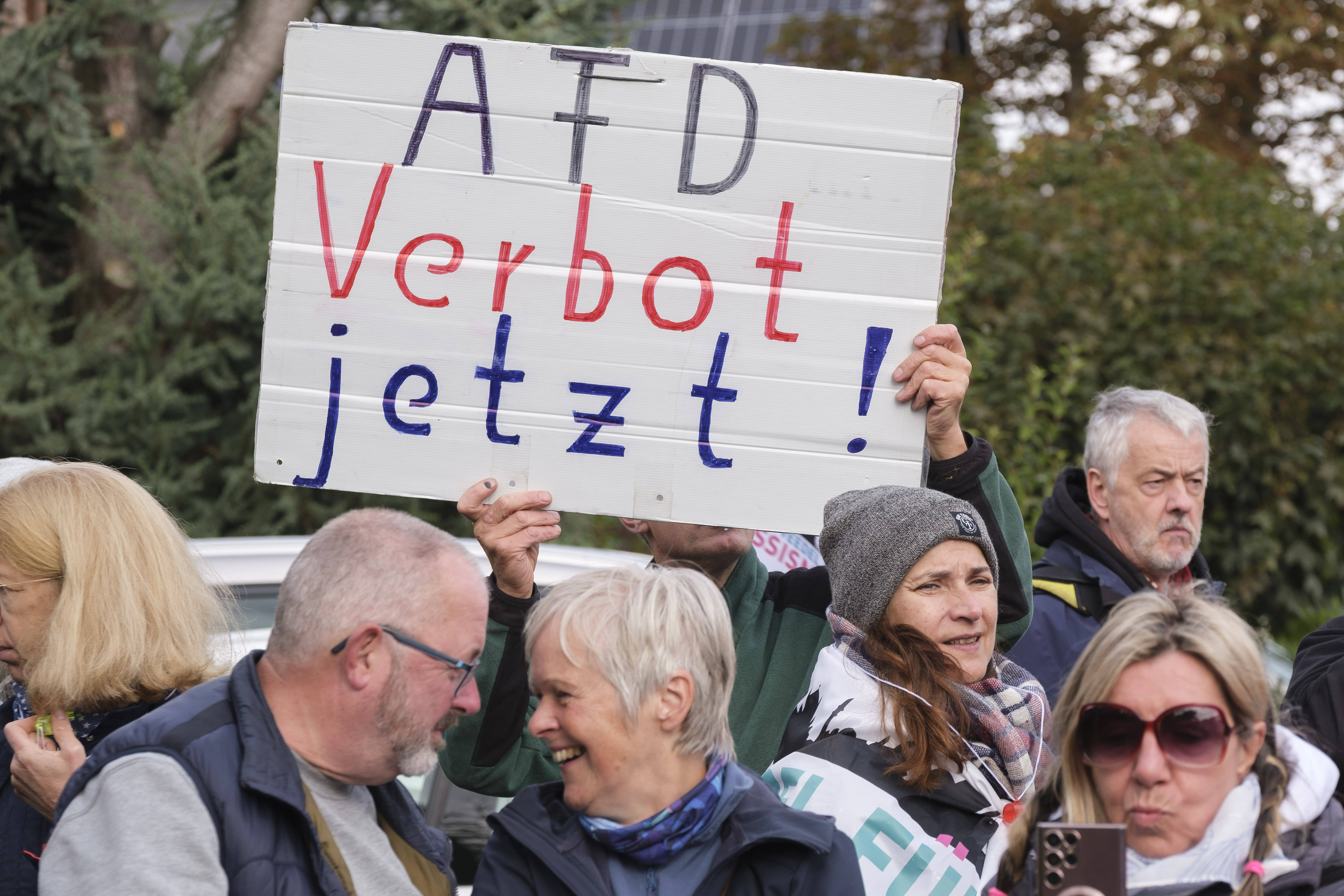 Ein Demonstrant in Köln fordert ein AfD-Verbot.