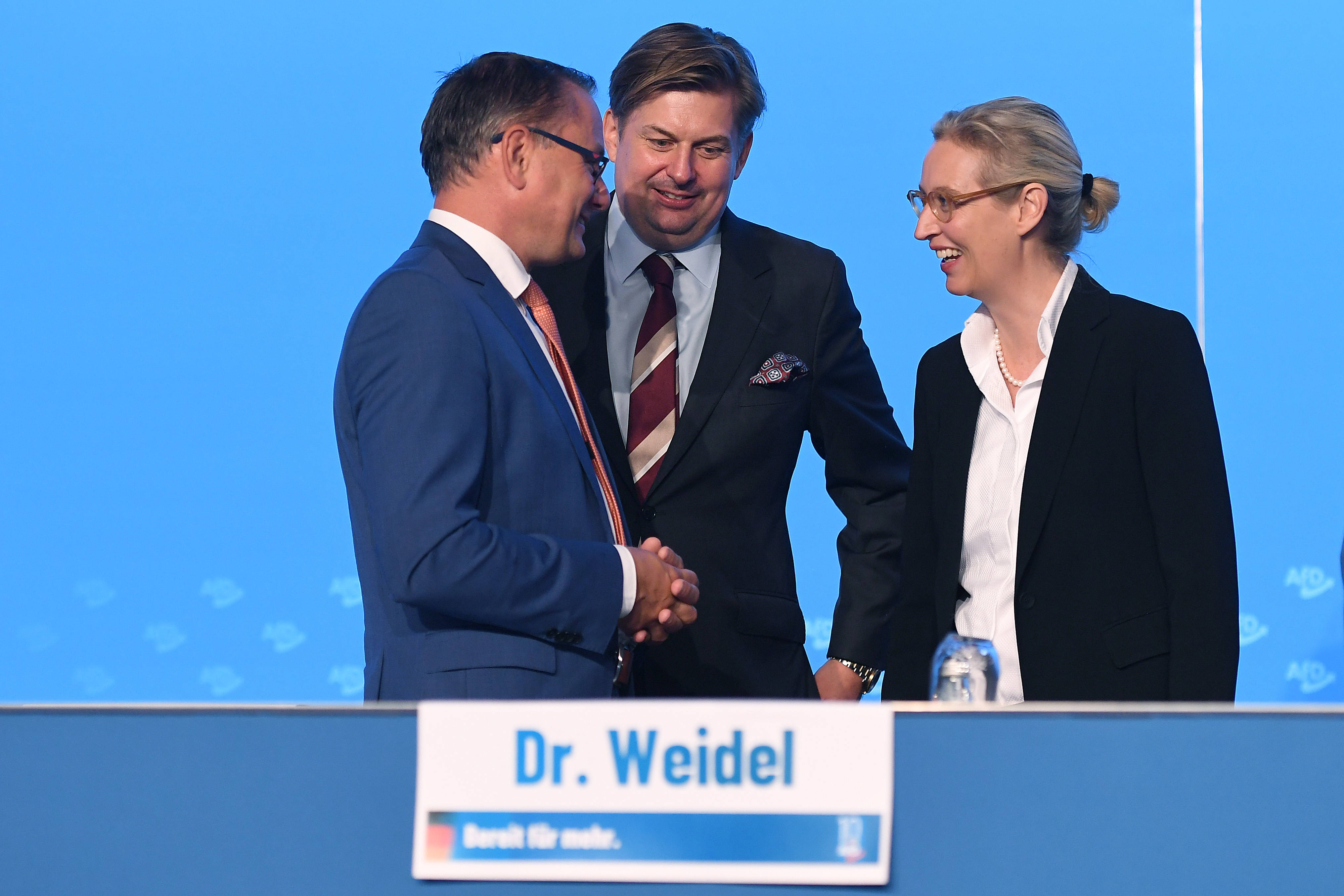 Tino Chrupalla (links), Maximilian Krah (Mitte) und Alice Weidel beim Bundesparteitag der Alternative für Deutschland in 2023