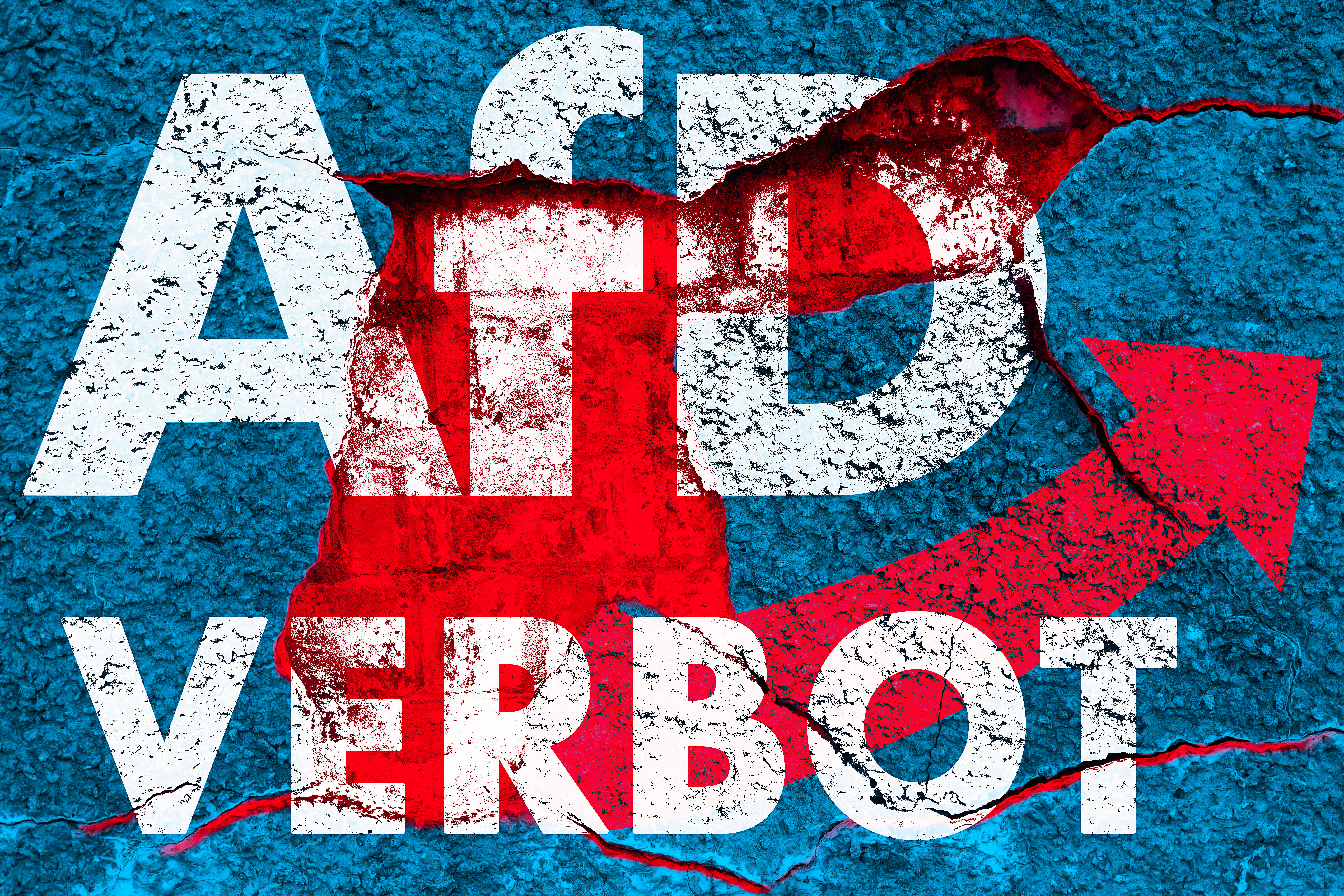 Schriftzug "AfD-Verbot" auf zerbrochener Mauer, Symbolbild