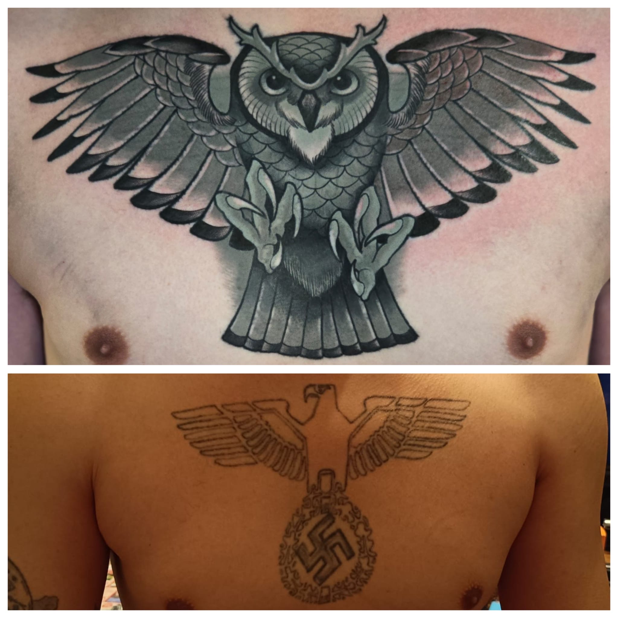 Tattoo einer Eule, mit dem ein Adler mit Hakenkreuz überdeckt wurde