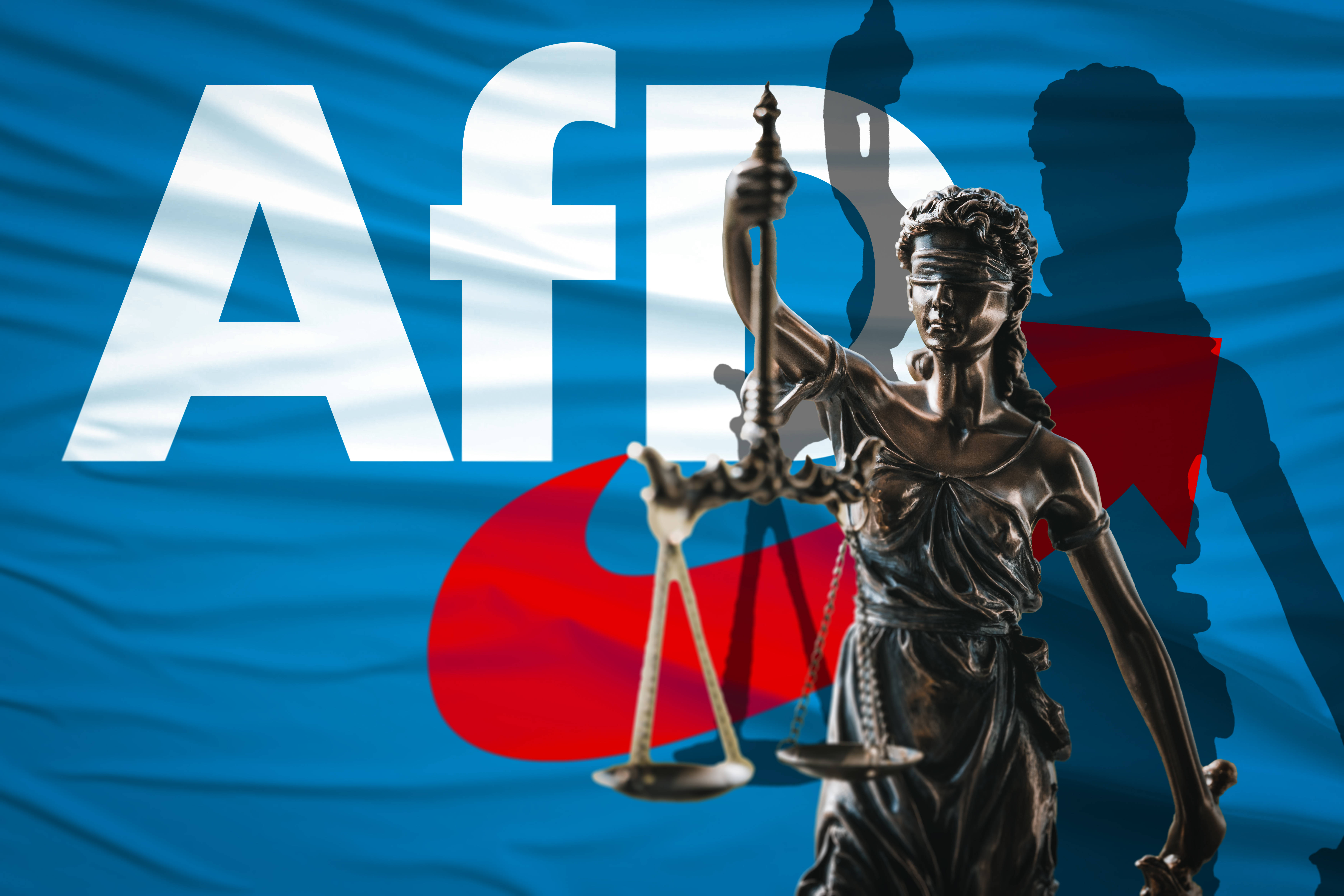AfD-Verbot: Staute von Justizia vor dem AfD-Logo