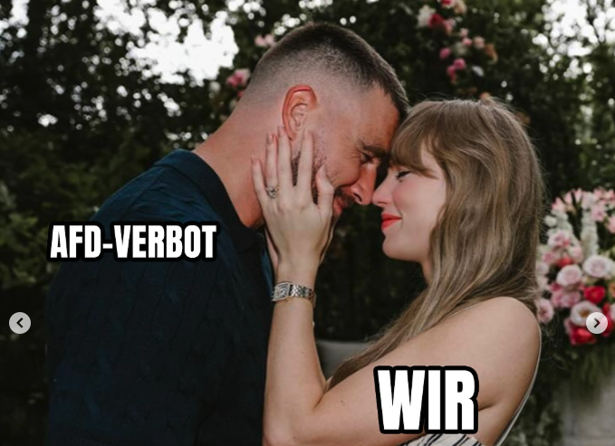 Verlobungsfoto von Taylor Swift und Travis Kelce als Juso-Meme