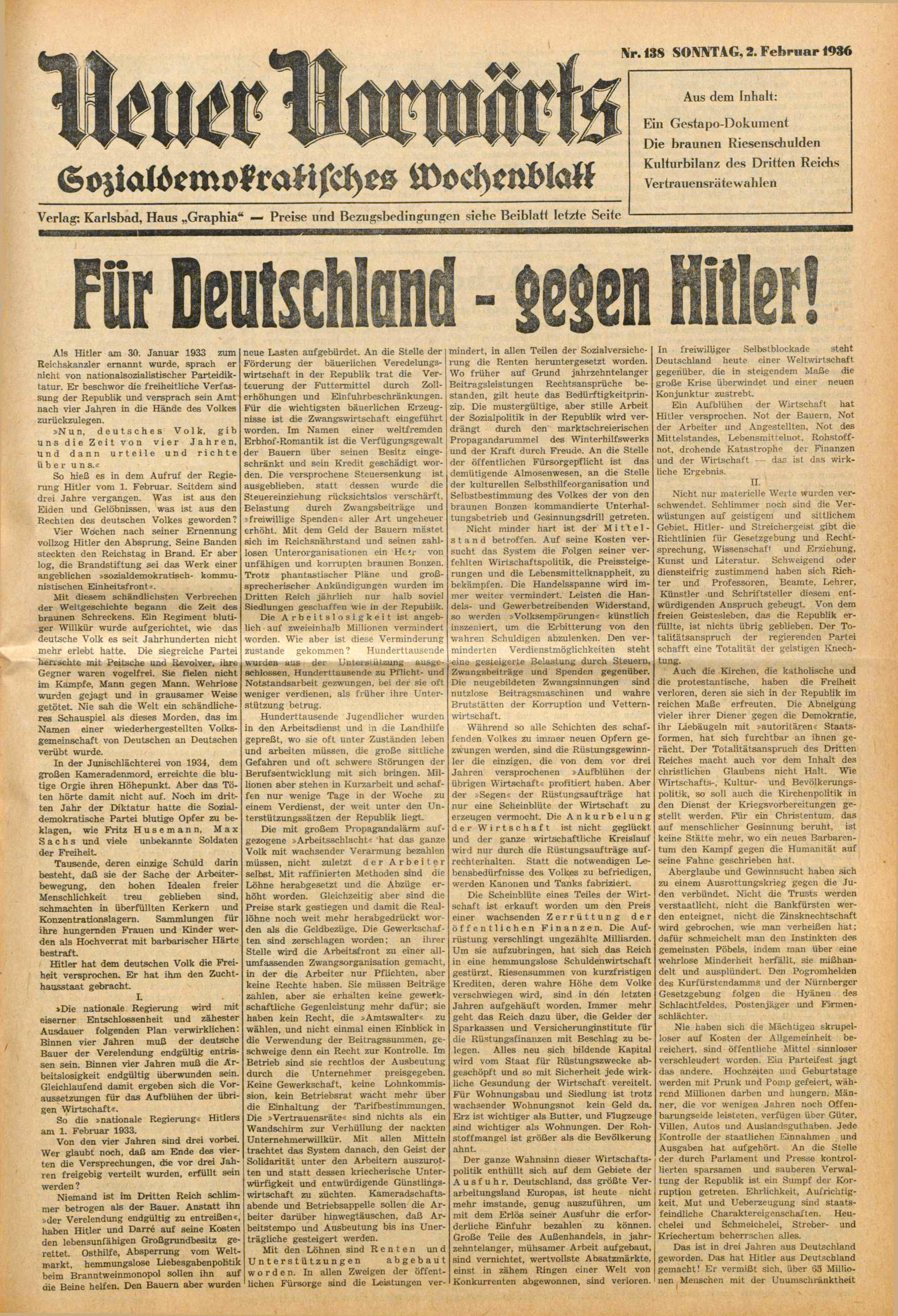 Der „Neue Vorwärts“: Am 2. Februar 1936 erscheint hier das Manifest des SPD-Vorstandes.