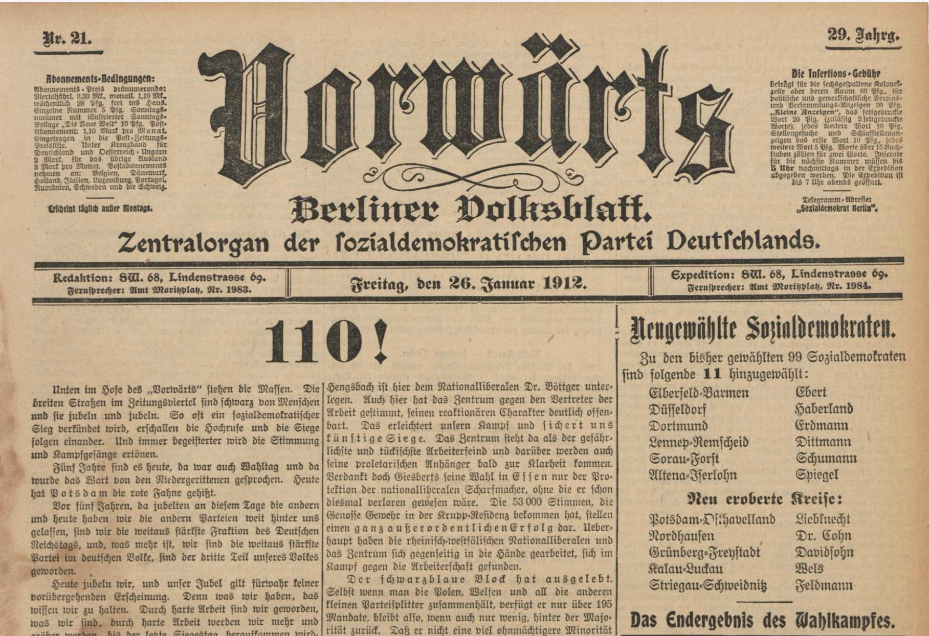 Vorwärts-Titelseite vom 26. Januar 1912: Die „110!“ gibt die Anzahl der errungenen Mandate der SPD bei der Reichstagswahl an.