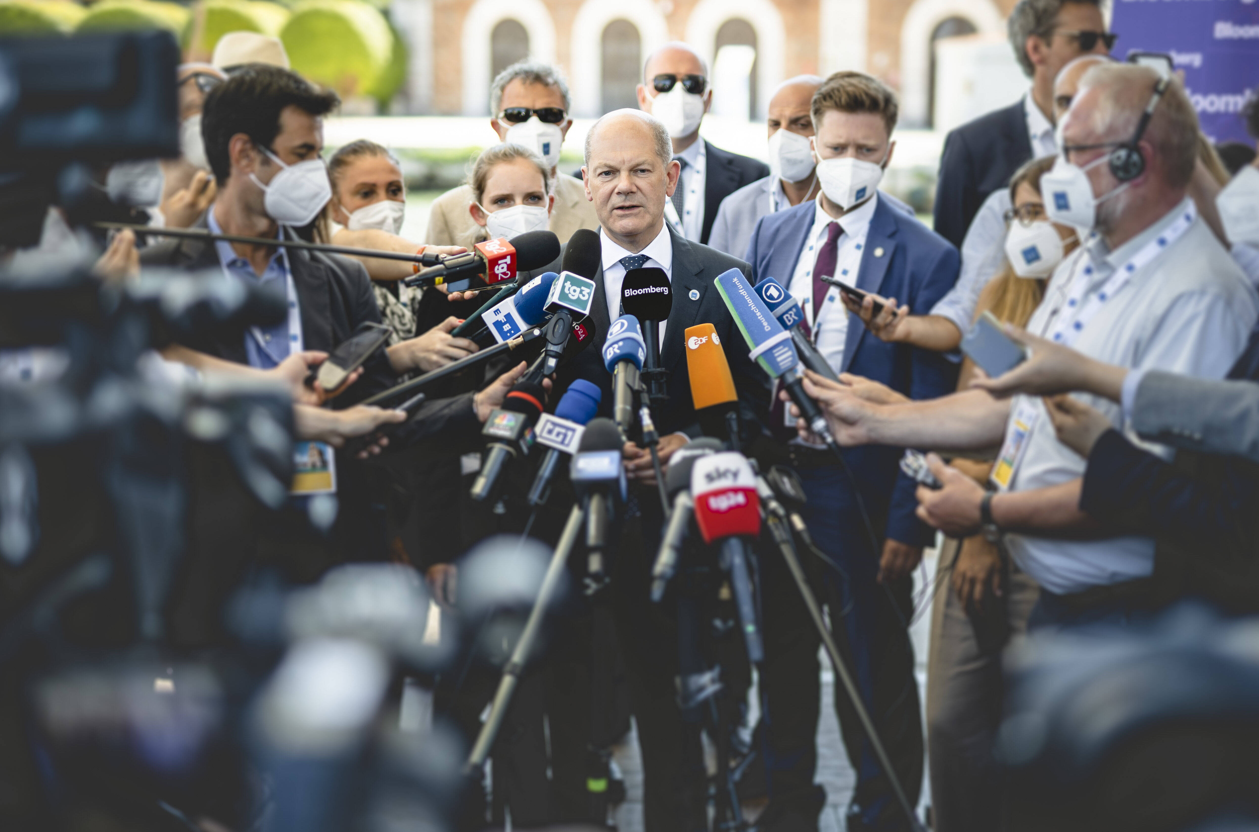 Erfolgreicher Verhandler im Blickpunkt der Weltpresse: Bundesfinanzminister Olaf Scholz am 10. Juli 2021 bei einer Pressekonferenz zum Treffen der G20-Finanzminister in Venedig.