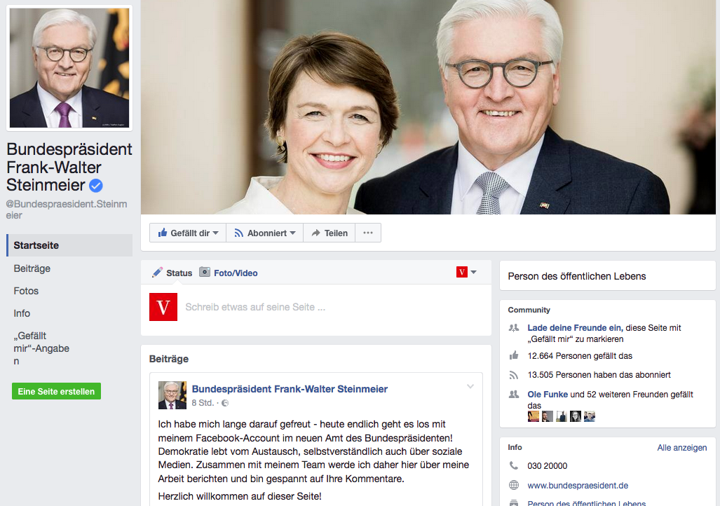 Demokratie lebt vom Austausch: Bundespräsident Frank-Walter Steinmeier hat jetzt eine Facebook-Seite