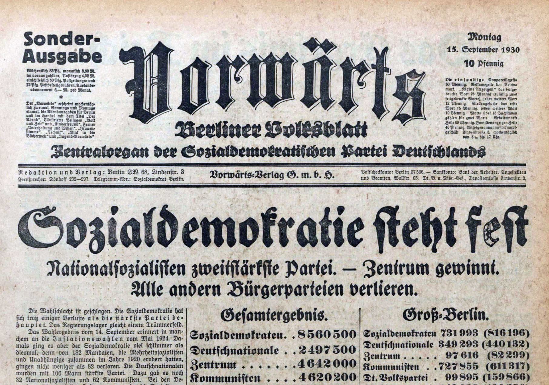 Titelseite des „Vorwärts“ vom 15. September 1930: Die Reichstagswahl vom Vortag stellte die SPD vor ein Dilemma.